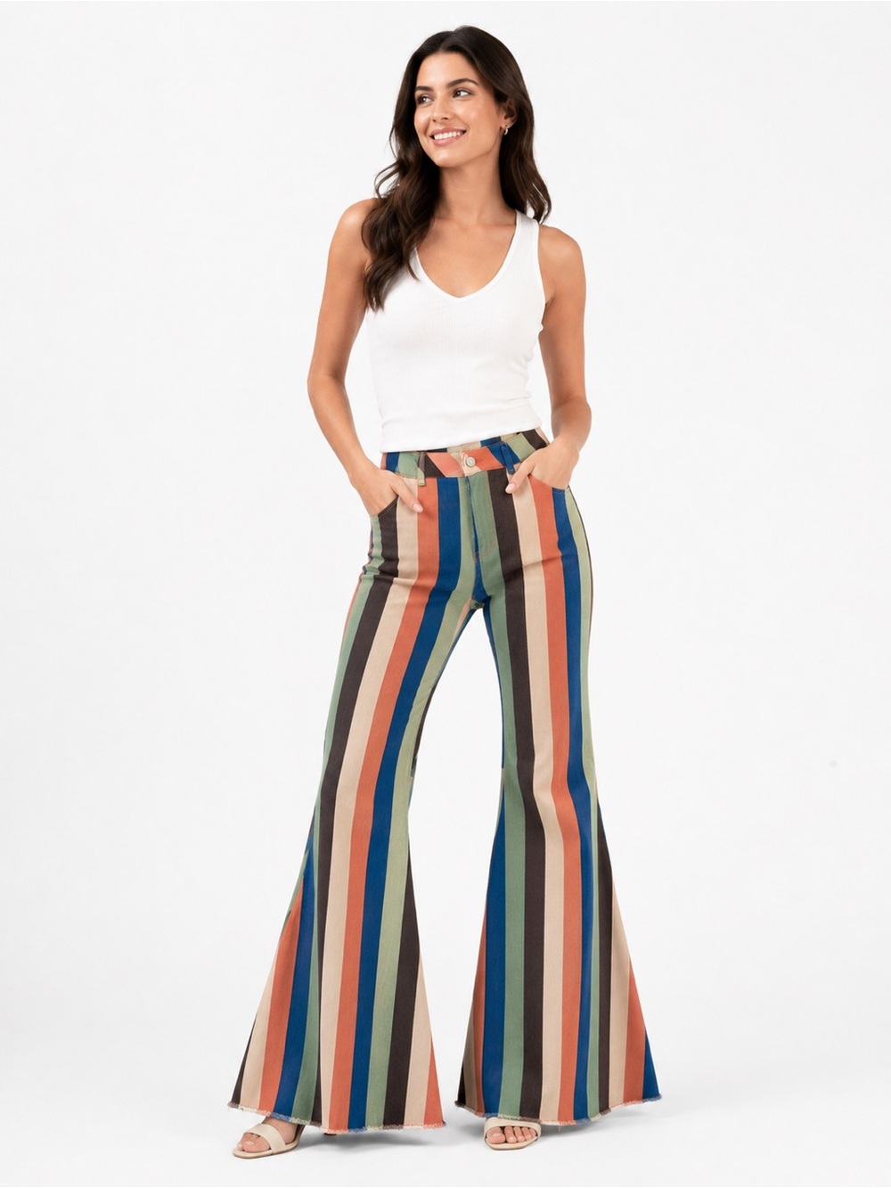 Peach Love Striped Super Flare Bell Bottom Pants High Rise Boho Large Festival